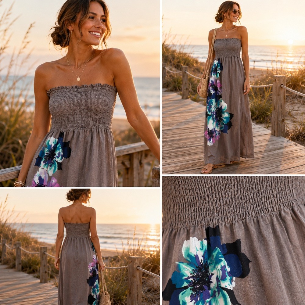 Rue 21 Strapless Smocked Maxi Dress Small Grey Teal Floral Boho Rayon Summer